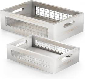 Nns01 Nagawood Wooden Countertop Baskets Set Of 2 For Kitchen Bathroom Pantry Wall White