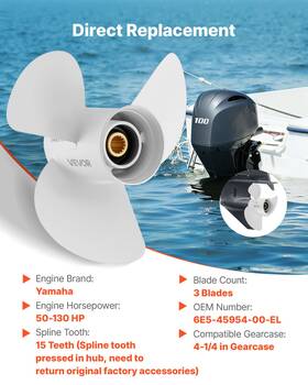 Vevor 197988364320 Outboard Propeller 15 Spline 3-blade Rh Fit Yamaha 50 130hp Aluminum