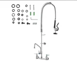 Skyshalo 8" Commercial Wall Mount Triple Handle Pull Down Sprayer Kitchen Faucet. Fixed Price $129.00.