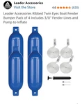 Leader Accessories Ribbed Twin Eyes Boat Fender Pack Of 4, Lines, Pump. Fixed Price $35.00.