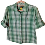 Cabela's Ps Petite Small Plaid Roll Tab Sleeve Button Up Blouse Green White Top. Fixed Price $21.25.